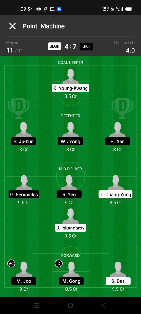 SEGN Vs JEJ Dream11 Team
