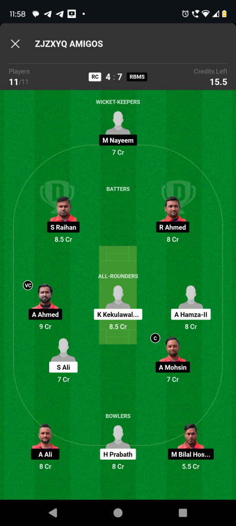 RC vs RBMS Dream11 Team